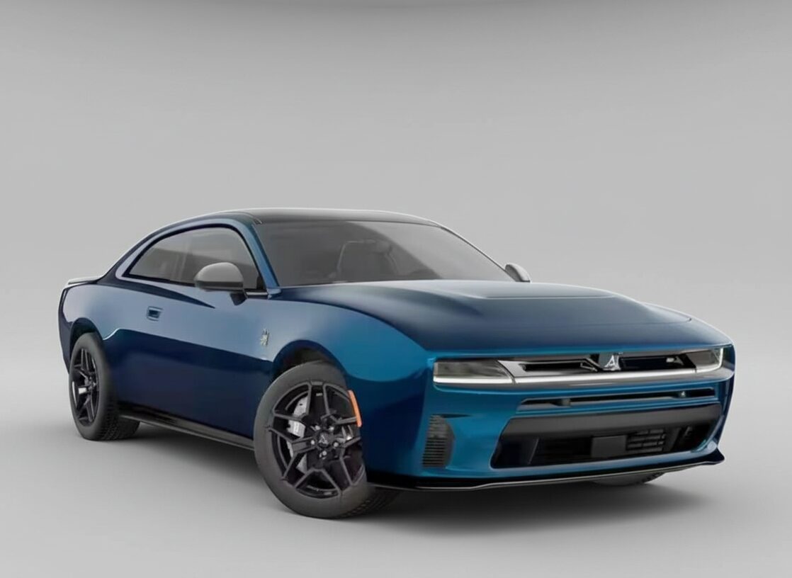 Dodge Charger bleu métallisé vue de trois quarts avant dans un studio minimaliste, avec silhouette musclée de coupé, jantes noires, bande lumineuse avant moderne et design inspiré des muscle cars Dodge.